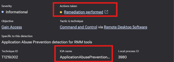 Application Abuse kaydının aksiyon ve RMM açıklaması alanlarının büyütülmüş görünümü