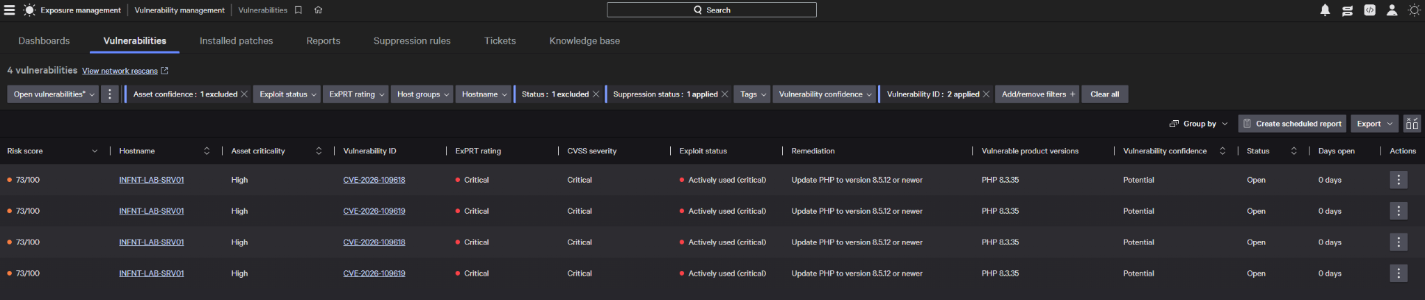 CVE-2026-109618 and CVE-2026-109619 findings for PHP 8.3.35 listed in Exposure Management