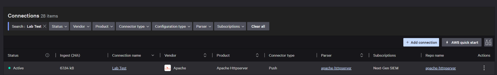 The Apache Httpserver connection and the apache-httpserver parser used for Next-Gen SIEM