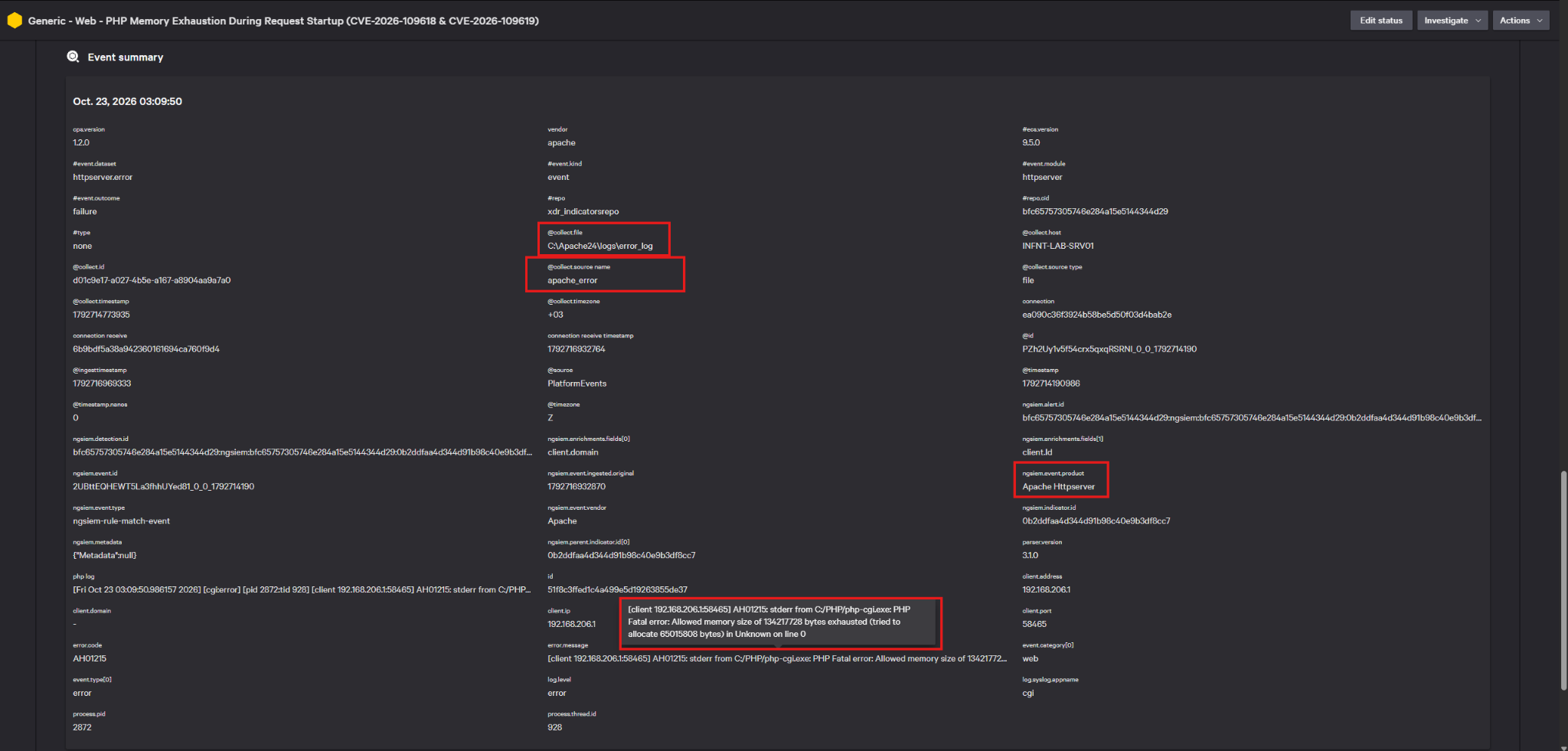 Reviewing the Apache error_log source and the PHP memory exhaustion message in the Event summary