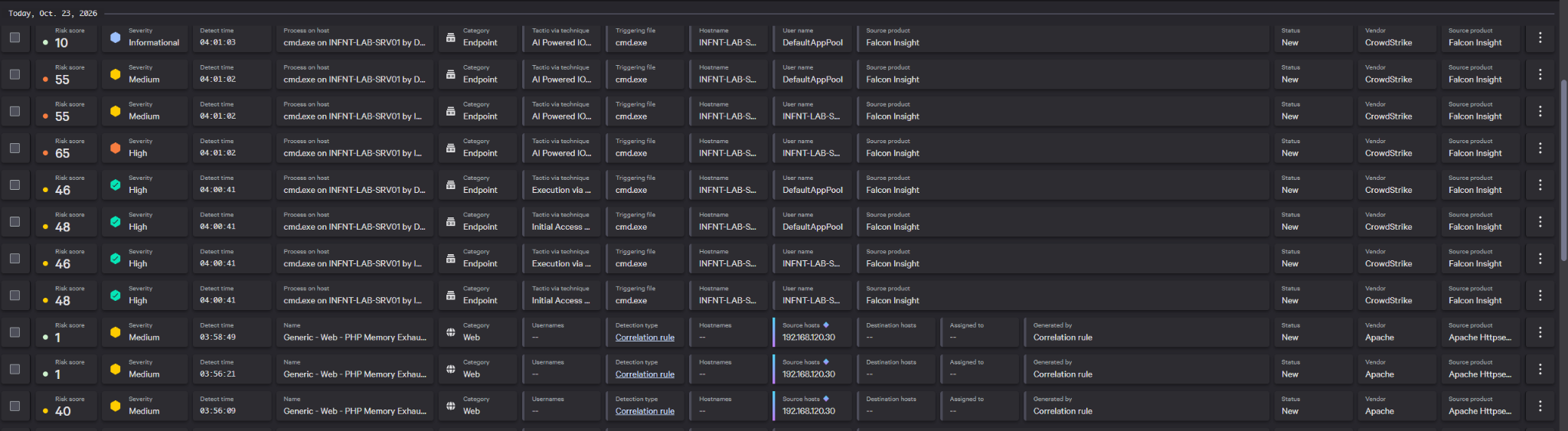 Apache memory exhaustion detections and Falcon Insight endpoint logs shown in the same list