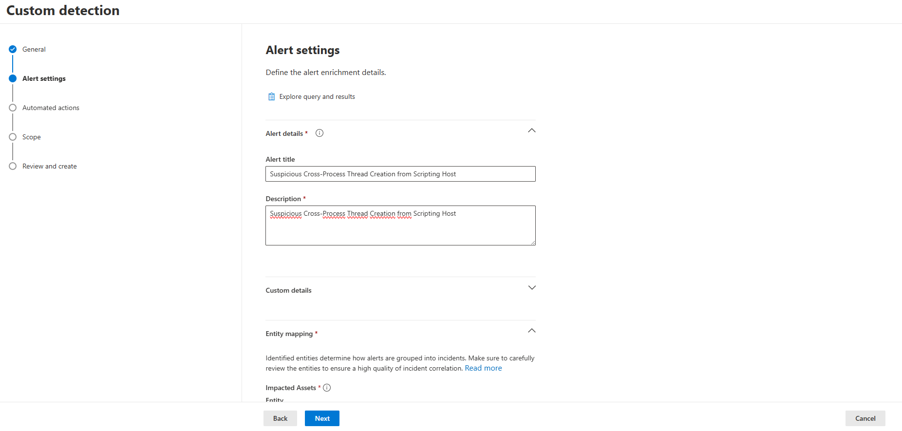 MDE Custom detection sihirbazının Alert settings adımı: Alert title ve Description alanları doldurulmuş, Entity mapping bölümü açılıyor.
