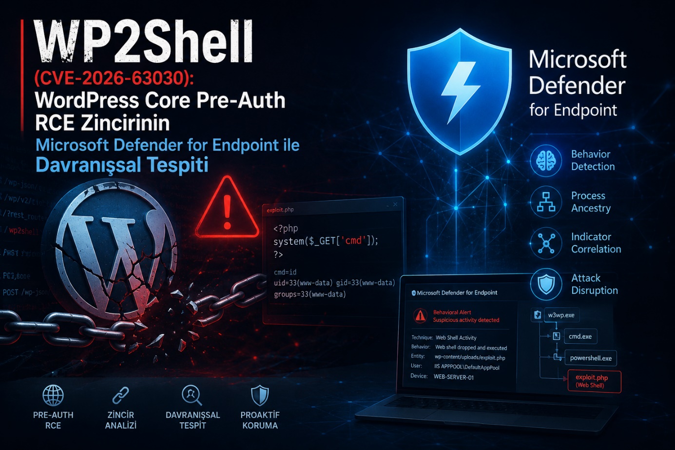 WP2Shell (CVE-2026-63030): WordPress Core Pre-Auth RCE Zincirinin Microsoft Defender for Endpoint ile Davranışsal Tespiti
