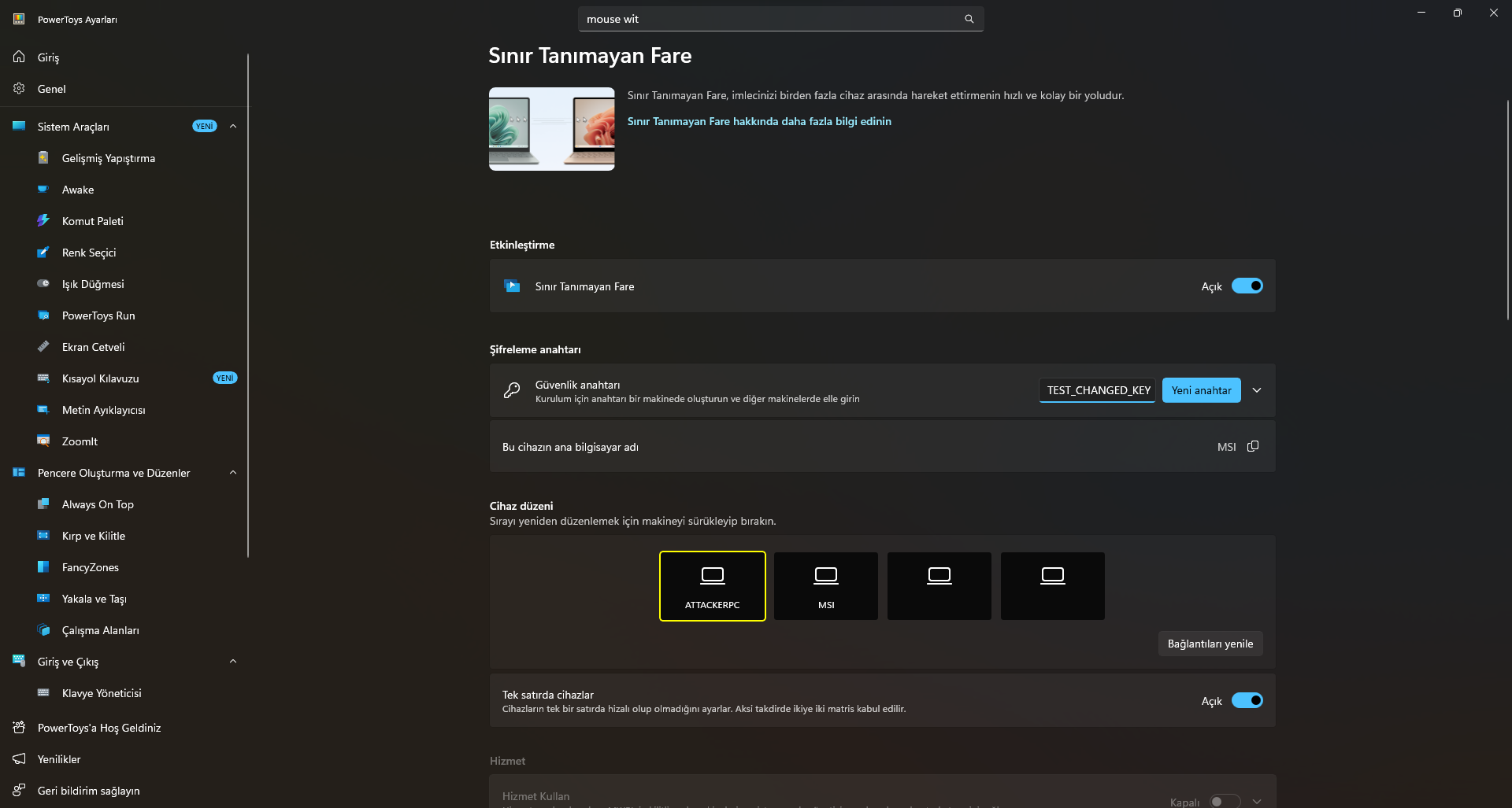 Mouse Without Borders ayarlarında test anahtarı ve ATTACKERPC cihaz kaydı